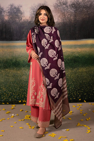 URGE - 3PC DHANAK EMBROIDERED SHIRT WITH TWILL PRINTED SHAWL AND TROUSER - HZG2389