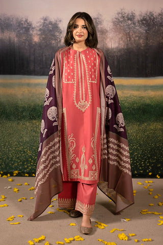 URGE - 3PC DHANAK EMBROIDERED SHIRT WITH TWILL PRINTED SHAWL AND TROUSER - HZG2389