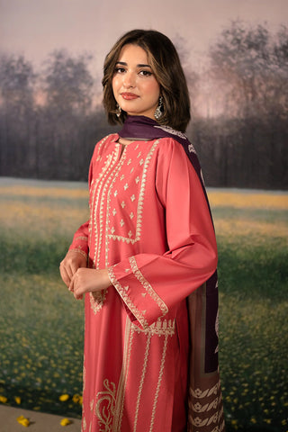 URGE - 3PC DHANAK EMBROIDERED SHIRT WITH TWILL PRINTED SHAWL AND TROUSER - HZG2389