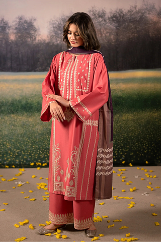 URGE - 3PC DHANAK EMBROIDERED SHIRT WITH TWILL PRINTED SHAWL AND TROUSER - HZG2389