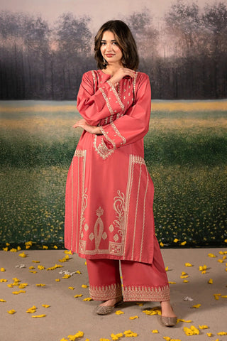 URGE - 3PC DHANAK EMBROIDERED SHIRT WITH TWILL PRINTED SHAWL AND TROUSER - HZG2389