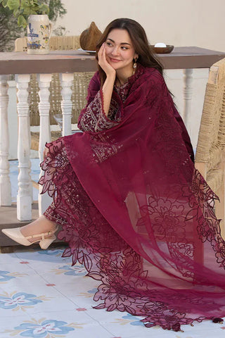 QALAMQAR - 3PC LAWN EMBROIDERED SHIRT WITH ORGANZA EMBROIDERED DUPATTA  AND TROUSER - HZG2209