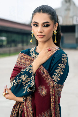 IZEL - 3PC DHANAK EMBROIDERED SHIRT WITH TWILL PRINTED SHAWL AND TROUSER - HZG2419