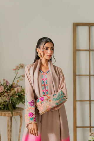 VINTAGE - 3PC DHANAK EMBROIDERED SHIRT WITH TYE AND DYE CHIFFON DUPATTA AND TROUSER - HZU2466
