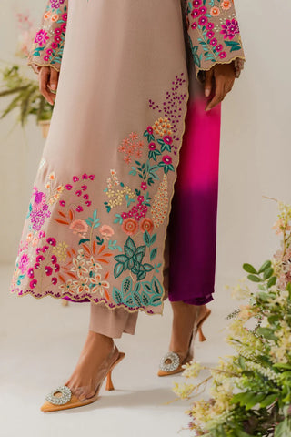 VINTAGE - 3PC DHANAK EMBROIDERED SHIRT WITH TYE AND DYE CHIFFON DUPATTA AND TROUSER - HZU2466
