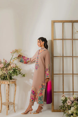 VINTAGE - 3PC DHANAK EMBROIDERED SHIRT WITH TYE AND DYE CHIFFON DUPATTA AND TROUSER - HZU2466