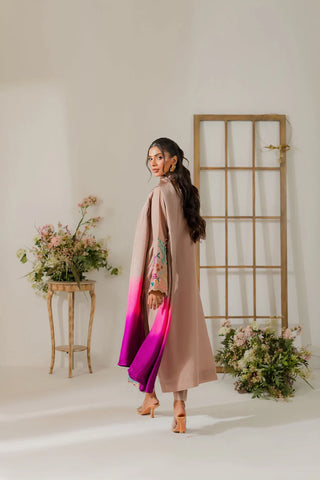 VINTAGE - 3PC DHANAK EMBROIDERED SHIRT WITH TYE AND DYE CHIFFON DUPATTA AND TROUSER - HZU2466