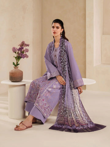 GARNET - 3PC DHANAK EMBROIDERED SHIRT WITH TWILL PRINTED SHAWL AND TROUSER - HZU2483