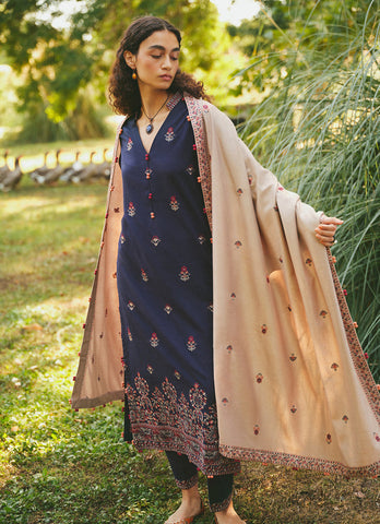 MARIA B - 3PC DHANAK EMBROIDERED SHIRT WITH DHANAK EMBROIDERED SHAWL AND TROUSER - HZG1481