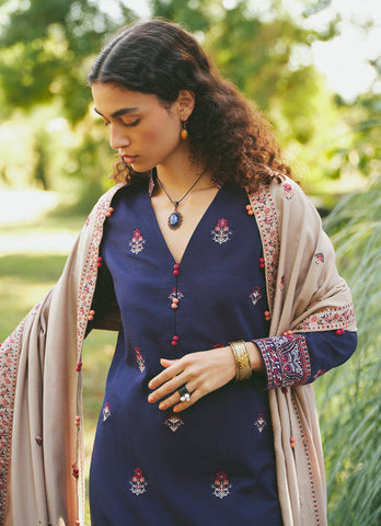 MARIA B - 3PC DHANAK EMBROIDERED SHIRT WITH DHANAK EMBROIDERED SHAWL AND TROUSER - HZG1481