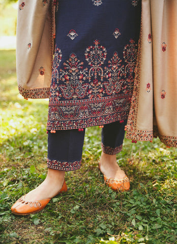 MARIA B - 3PC DHANAK EMBROIDERED SHIRT WITH DHANAK EMBROIDERED SHAWL AND TROUSER - HZG1481