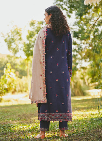 MARIA B - 3PC DHANAK EMBROIDERED SHIRT WITH DHANAK EMBROIDERED SHAWL AND TROUSER - HZG1481