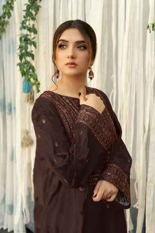 URGE - 3PC DHANAK EMBROIDERED SHIRT WITH TWILL PRINTED SHAWL AND TROUSER - HZG1484