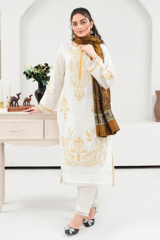 URGE - 3PC KHADDAR EMBROIDERED SHIRT WITH PASHMINA PRINTED SHAWL AND TROUSER - HZG2030