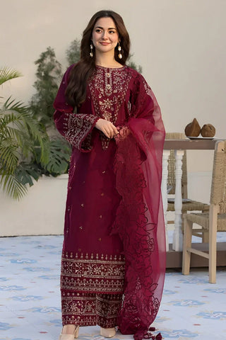QALAMQAR - 3PC LAWN EMBROIDERED SHIRT WITH ORGANZA EMBROIDERED DUPATTA  AND TROUSER - HZG2209