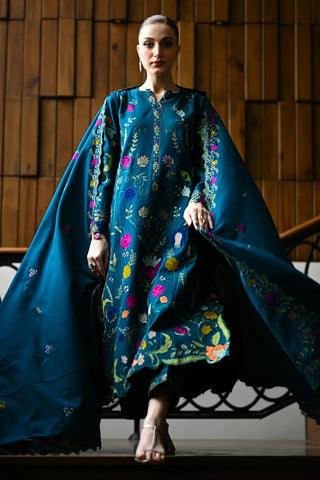 ZAIB - 3PC KARANDI  EMBROIDERED SHIRT WITH KARANDI  EMBROIDERED SHAWL AND TROUSER - HZU2589