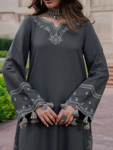IZEL - 3PC DHANAK EMBROIDERED SHIRT WITH TWILL PRINTED SHAWL AND TROUSER - HZU2582