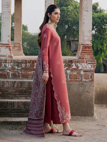 IZEL - 3PC DHANAK EMBROIDERED SHIRT WITH TWILL PRINTED SHAWL AND TROUSER - HZU2581