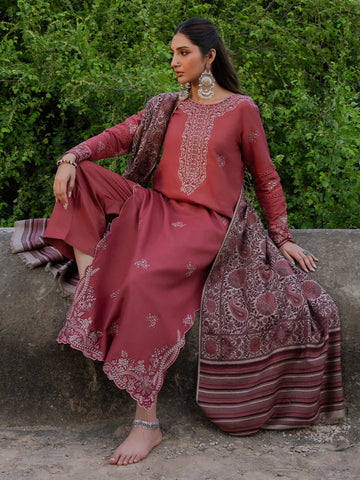 IZEL - 3PC DHANAK EMBROIDERED SHIRT WITH TWILL PRINTED SHAWL AND TROUSER - HZU2581