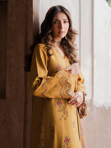 IZEL - 3PC DHANAK  EMBROIDERED SHIRT WITH TWILL PRINTED SHAWL AND TROUSER - HZU2580