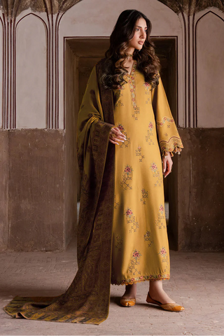 IZEL - 3PC DHANAK  EMBROIDERED SHIRT WITH TWILL PRINTED SHAWL AND TROUSER - HZU2580