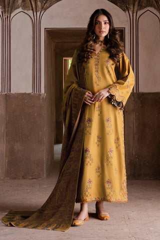 IZEL - 3PC DHANAK  EMBROIDERED SHIRT WITH TWILL PRINTED SHAWL AND TROUSER - HZU2580