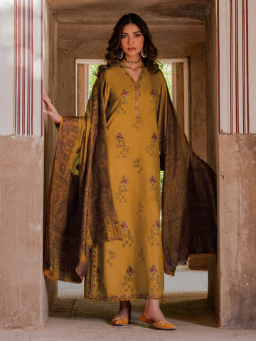 IZEL - 3PC DHANAK  EMBROIDERED SHIRT WITH TWILL PRINTED SHAWL AND TROUSER - HZU2580