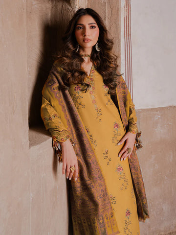 IZEL - 3PC DHANAK  EMBROIDERED SHIRT WITH TWILL PRINTED SHAWL AND TROUSER - HZU2580
