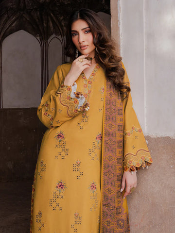 IZEL - 3PC DHANAK  EMBROIDERED SHIRT WITH TWILL PRINTED SHAWL AND TROUSER - HZU2580