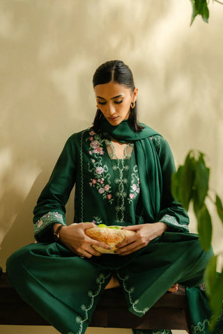 ZARA SHAHJAHAN - 3PC DHANAK EMBROIDERED SHIRT WITH CHIFFON EMBROIDERED DUPPATA AND TROUSER - HZG1824