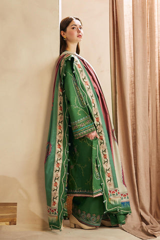 ZARA SHAH JAHAN - 3PC DHANAK EMBROIDERED SHIRT WITH TWILL PRINTED SHAWL AND TROUSER - HZG1474