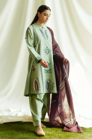 ZARA SHAHJAHAN - 3PC DHANAK EMBROIDERED SHIRT WITH TWILL PRINTED SHAWL AND TROUSER - HZG1888