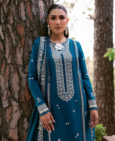 REPUBLIC WOMEN'S WEAR - 3PC DHANAK EMBROIDERED SHIRT WITH DHANAK EMBROIDERED SHAWL AND PRINTED TROUSER - HZG2312