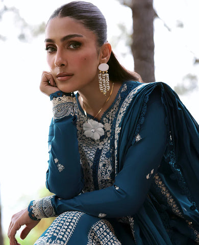 REPUBLIC WOMEN'S WEAR - 3PC DHANAK EMBROIDERED SHIRT WITH DHANAK EMBROIDERED SHAWL AND PRINTED TROUSER - HZG2312