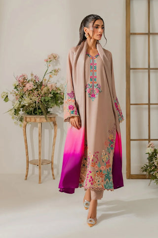 VINTAGE - 3PC DHANAK EMBROIDERED SHIRT WITH TYE AND DYE CHIFFON DUPATTA AND TROUSER - HZU2466