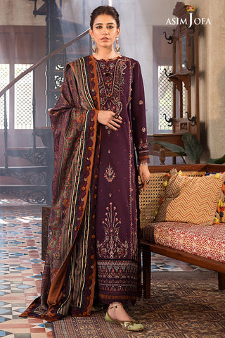 ASIM JOFA - 3PC DHANAK EMBROIDERED SHIRT WITH TWILL PRINTED SHAWL AND TROUSER - HZG2122