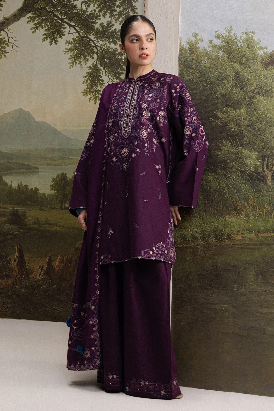 ZARA SHAHJAHAN - 3PC DHANAK EMBROIDERED SHIRT DHANAK EMBROIDERED SHAWL AND TROUSER - HZG3163