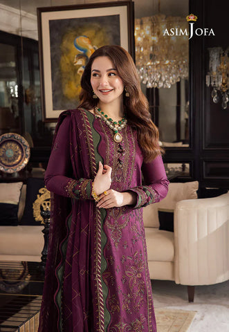 ASIM JOFA - 3PC DHANAK EMBROIDERED SHIRT WITH DHANAK EMBROIDERED DUPATTA AND TROUSER - HZU2426