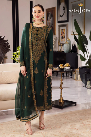 ASIM JOFA - 3PC DHANAK EMBROIDERED SHIRT WITH CHIFFON EMBROIDERED DUPATTA AND TROUSER - HZG2414