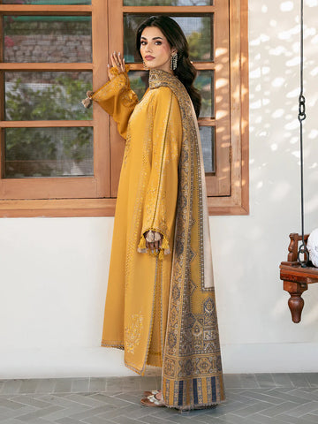 IZEL - 3PC DHANAK EMBROIDERED SHIRT WITH TWILL PRINTED SHAWL AND TROUSER - HZU2585