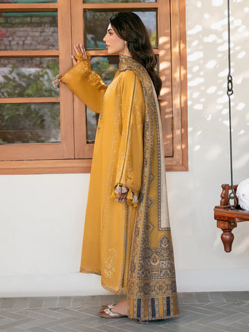 IZEL - 3PC DHANAK EMBROIDERED SHIRT WITH TWILL PRINTED SHAWL AND TROUSER - HZU2585