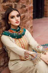 MARIA B - 3PC DHANAK EMBROIDERED SHIRT WITH TWILL PRINTED SHAWL AND TROUSER - HZG2346