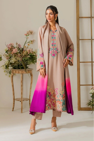 VINTAGE - 3PC DHANAK EMBROIDERED SHIRT WITH TYE AND DYE CHIFFON DUPATTA AND TROUSER - HZU2466