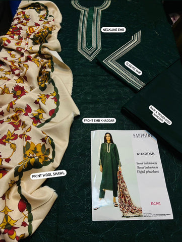 SAPPHIRE - 3PC KHADDAR EMBROIDERD SHIRT WITH KHADDAR TROUSER AND PRINTED WOOL SHAWL - HZG1356