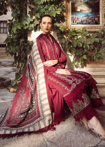 MARIA B - 3PC DHANAK EMBROIDERED SHIRT WITH TWILL PRINTED SHAWL AND TROUSER - HZG1482