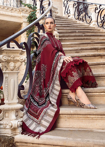 MARIA B - 3PC DHANAK EMBROIDERED SHIRT WITH TWILL PRINTED SHAWL AND TROUSER - HZG1482
