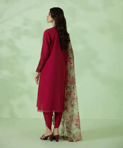 SAPPHIRE - 3PC DHANAK EMBROIDERED SHIRT WITH ORGANZA PRINTED DUPATTA & TROUSER - HZG1284