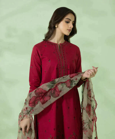 SAPPHIRE - 3PC DHANAK EMBROIDERED SHIRT WITH ORGANZA PRINTED DUPATTA & TROUSER - HZG1284