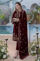 Azure - 3PC Velvet Heavy Embroidered Shirt With Velvet Heavy Embroidered Shawl - HZG1304
